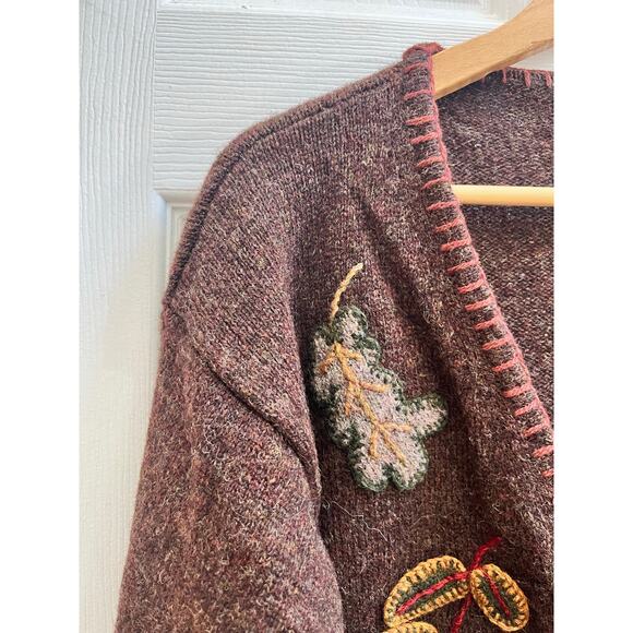 Vintage LL Bean Flaw Shetland Wool Appliqué Button Up Cardigan Size Large - Picture 5 of 11